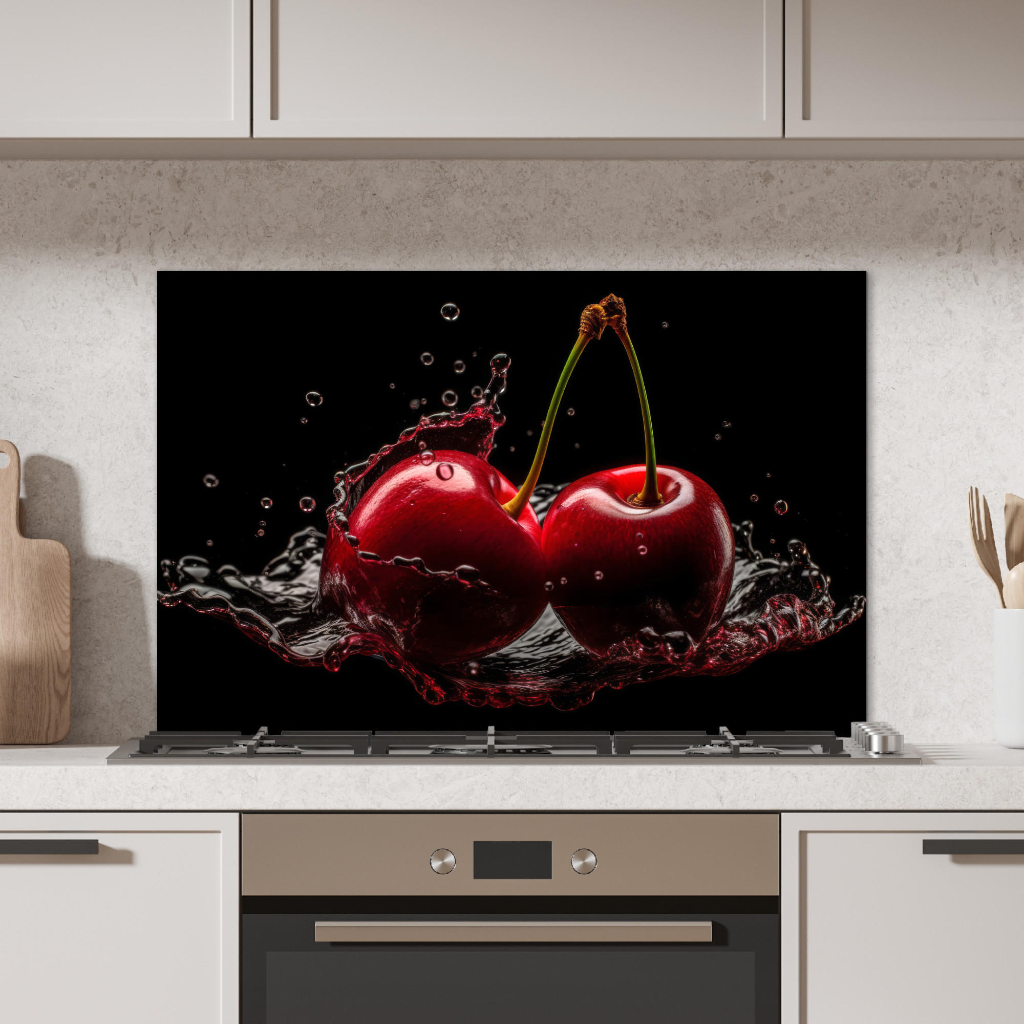 SPRITZSCHUTZ KÜCHE Kirsche - Rot - Frucht - Wasser - Schwarz 90x60 cm - Kirschrot, Metall (90/0.3/60cm) - MuchoWow