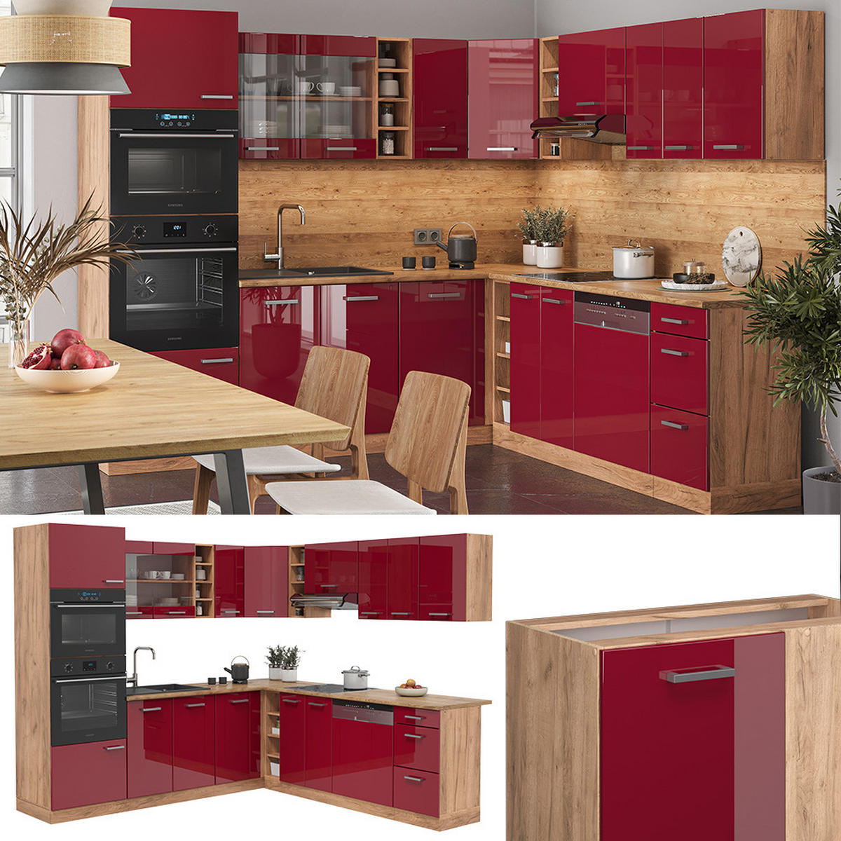 ECKKÜCHE R-Line Rot Hochglanz/Goldkraft Eiche 237 x 247 cm AP Eiche - Rot/Eiche Wotan, Holzwerkstoff (247/81.6/60cm) - Vicco