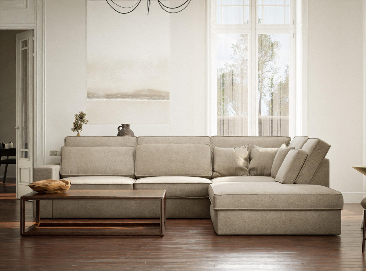 ECKSOFA Kirou Beige Chenille-Stoff - Rechts Seite - Beige/Schwarz, Holz/Holzwerkstoff (311/225cm) - Maison de Reve