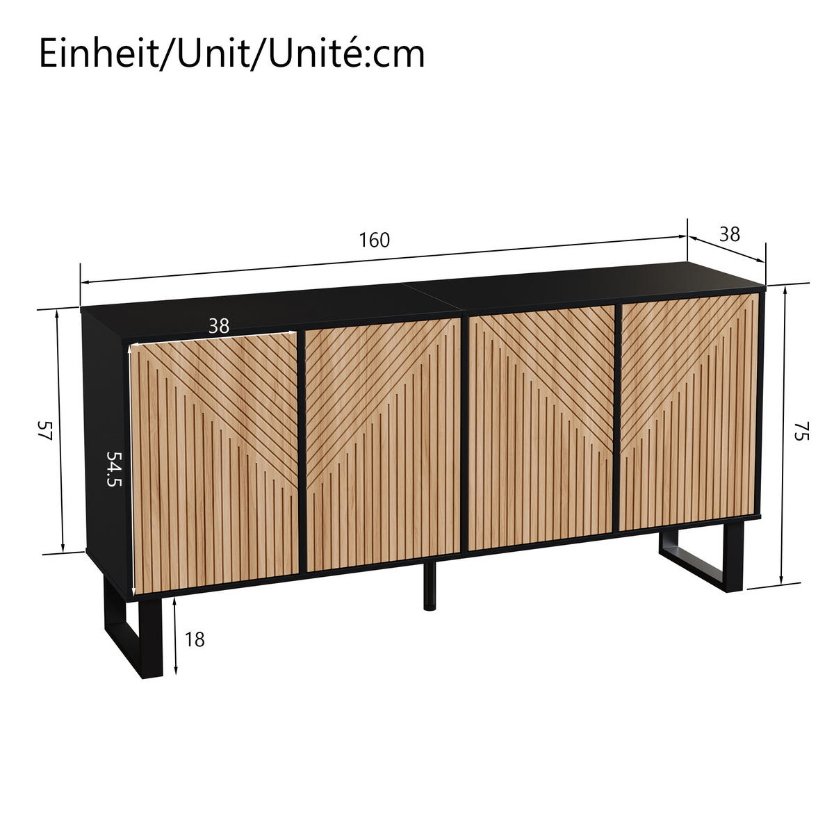 SIDEBOARD Schwarz Holzmaserung 3D-Streifen Extra Stauraum - Schwarz, Holzwerkstoff (38/75/160cm) - FLIEKS