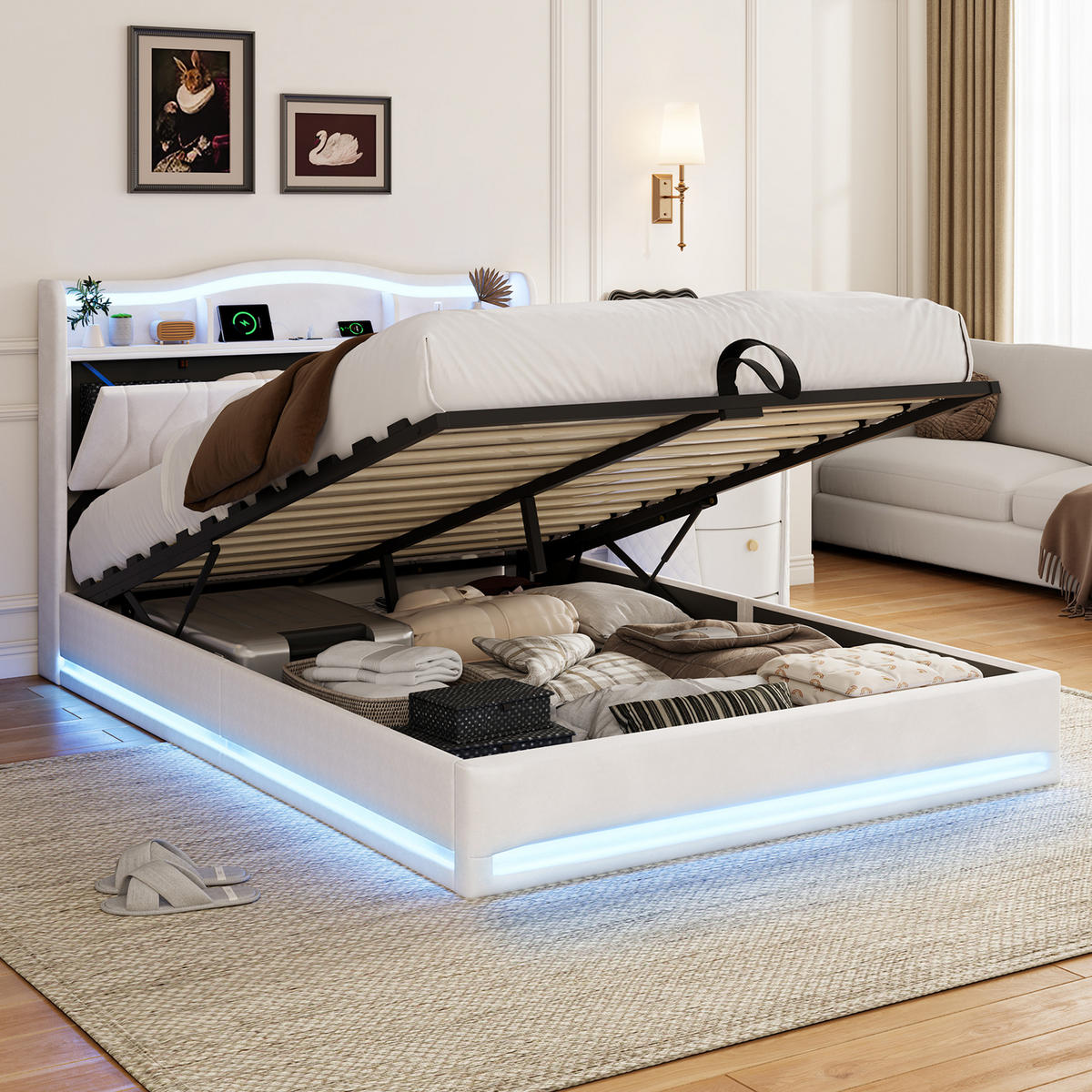 POLSTERBETT 140x200 cm mit Stauraum‑Kopfteil, Hydraulik‑Stauraum, LED und USB‑C‑Ladeanschlüsse, Velours‑Stoff, Weiß - Weiß, Holz (140/200cm) - BRILVERDE