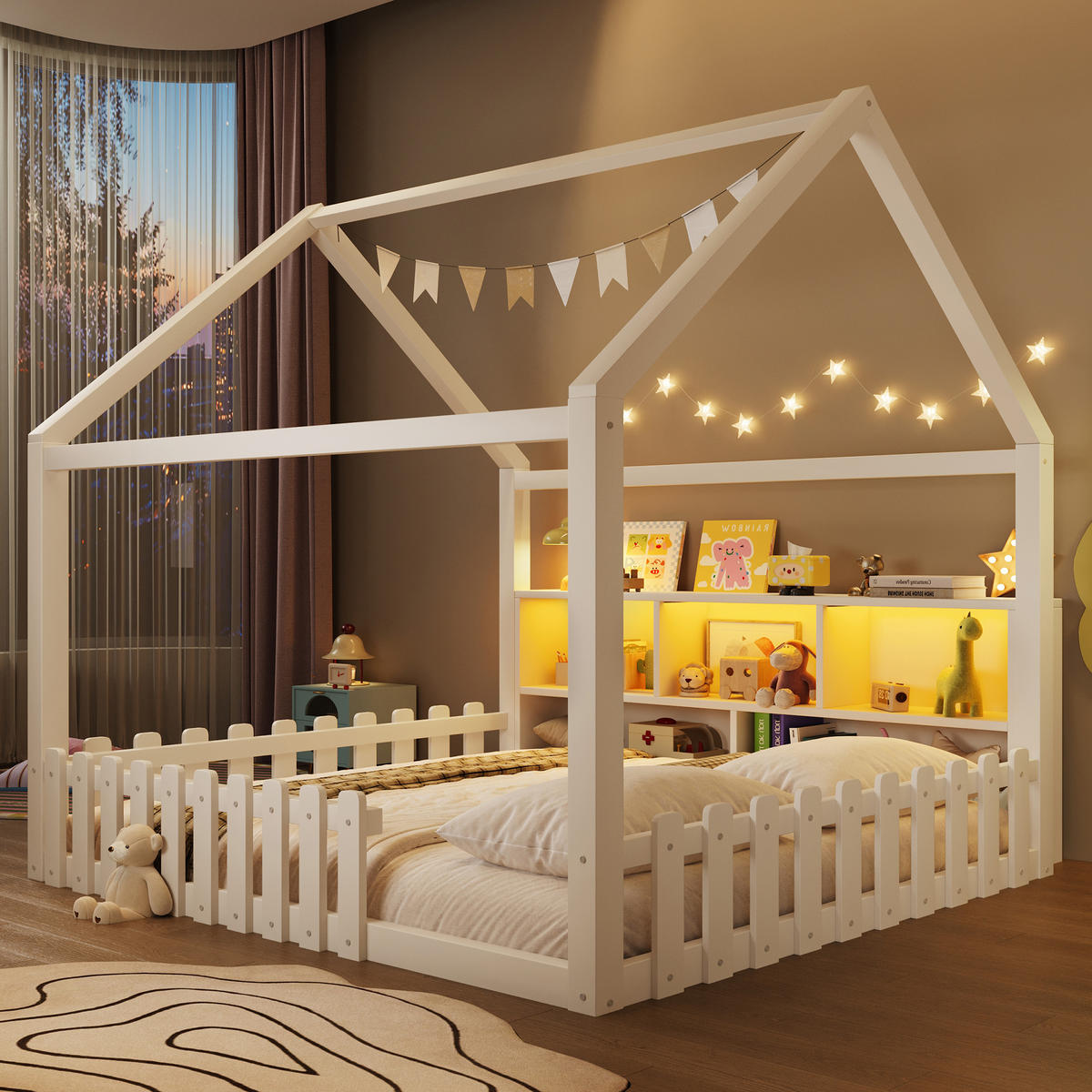 KINDERBETT 140/190 cm Weiß, mit Gitter, LED-Licht, offenen Staufächern und Hausdesign - Weiß, Holz