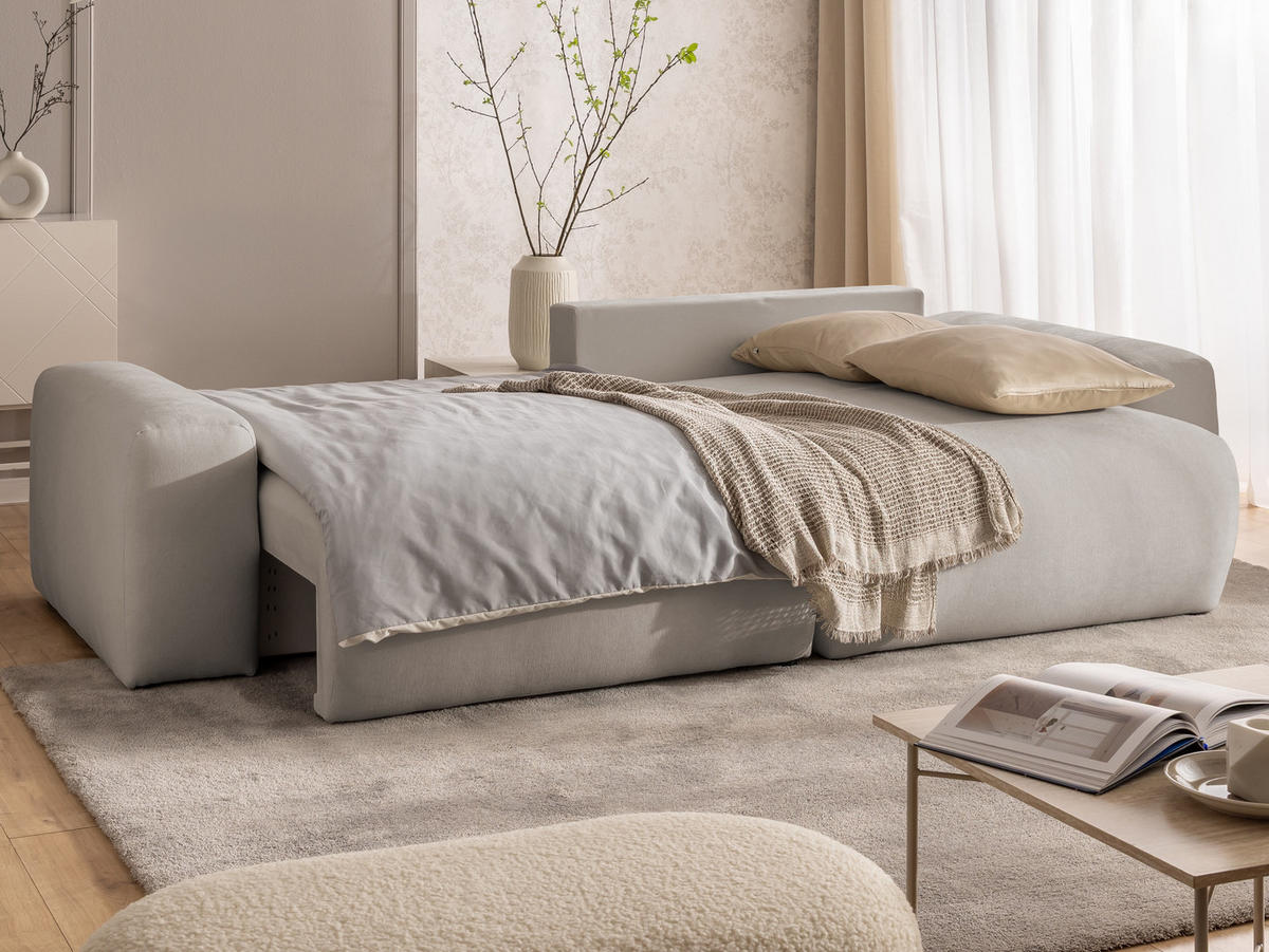 ECKSOFA Puffy mit Schlaffunktion und Bettkasten - besonders weich und puffig aus Beige Webstoff - Ottomane rechts - Beige/Schwarz, Holz/Kunststoff (266/138cm) - S-Style Möbel