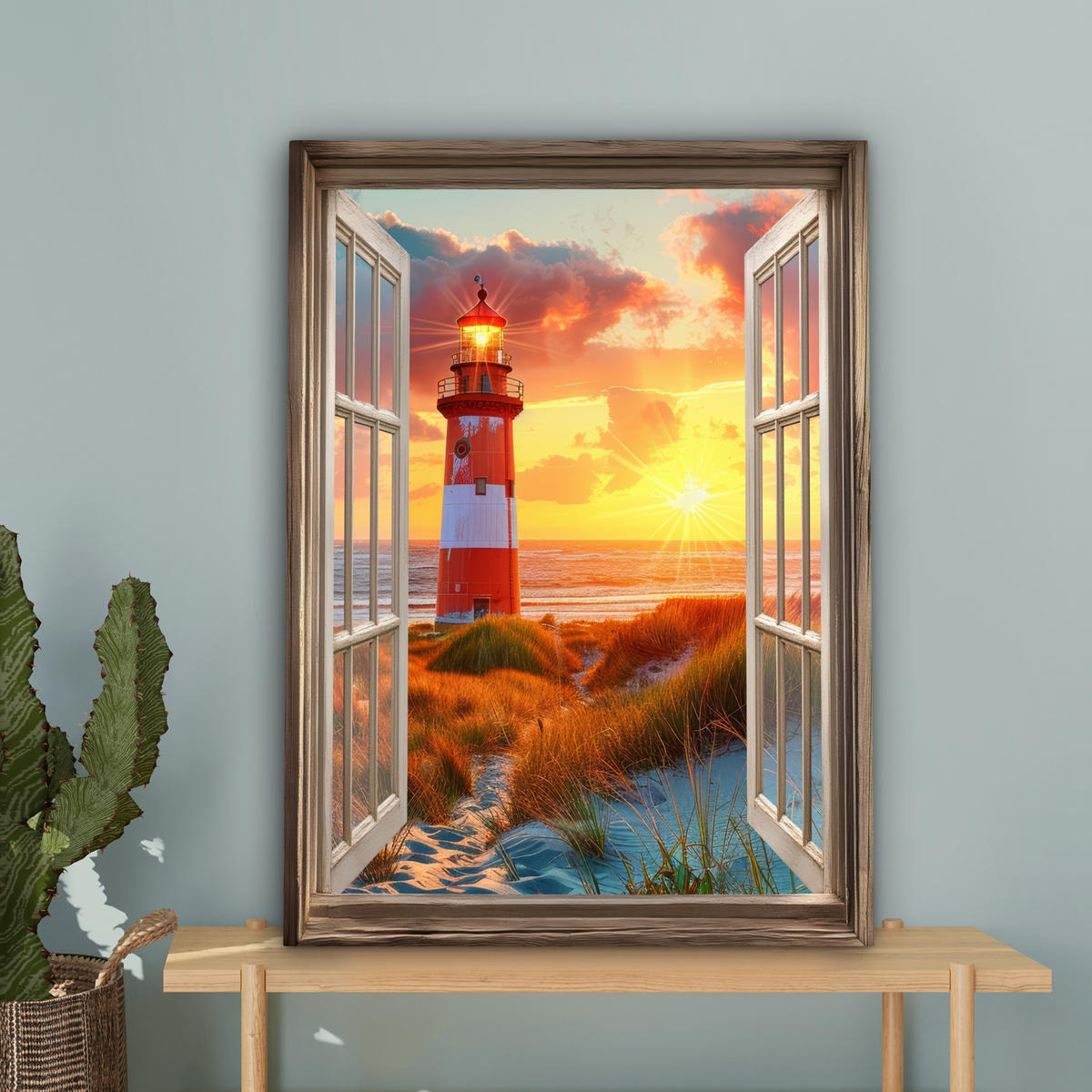 LEINWANDBILD Aussicht - Fenster - Leuchtturm - Sonnenuntergang - Strand Wandbild Wohnzimmer 60x80 cm - Dunkelorange, Textil (60/80cm) - MuchoWow
