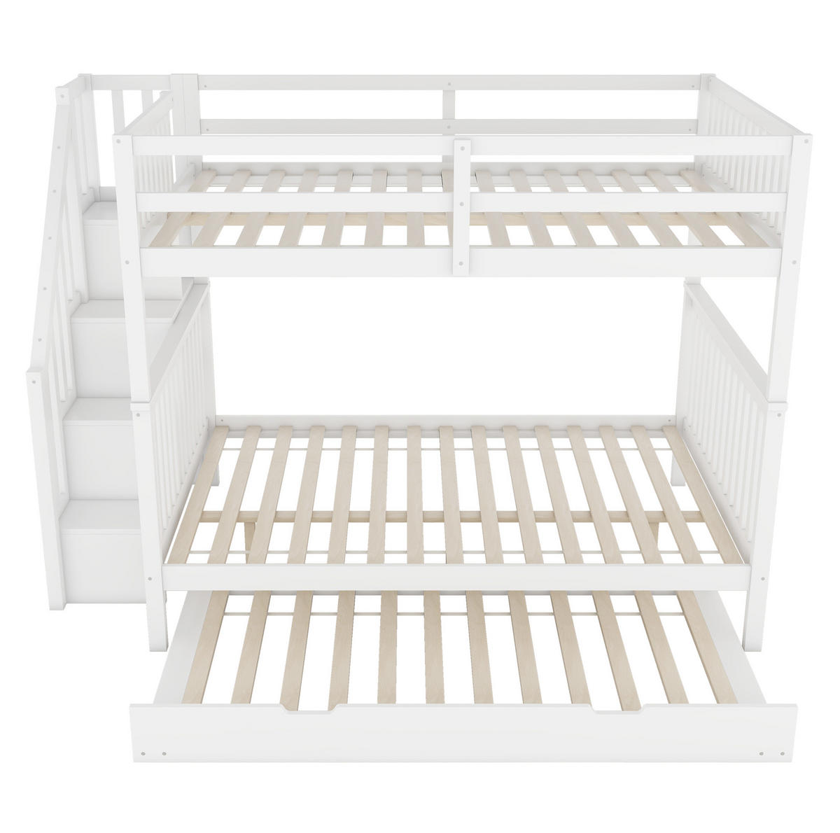ETAGENBETT aus Kiefer und MDF 140x200 cm Weiß mit Treppenregal, ausziehbarem Rollbett und hohem Geländer - Weiß, Holzwerkstoff (140/200cm) - Modfu