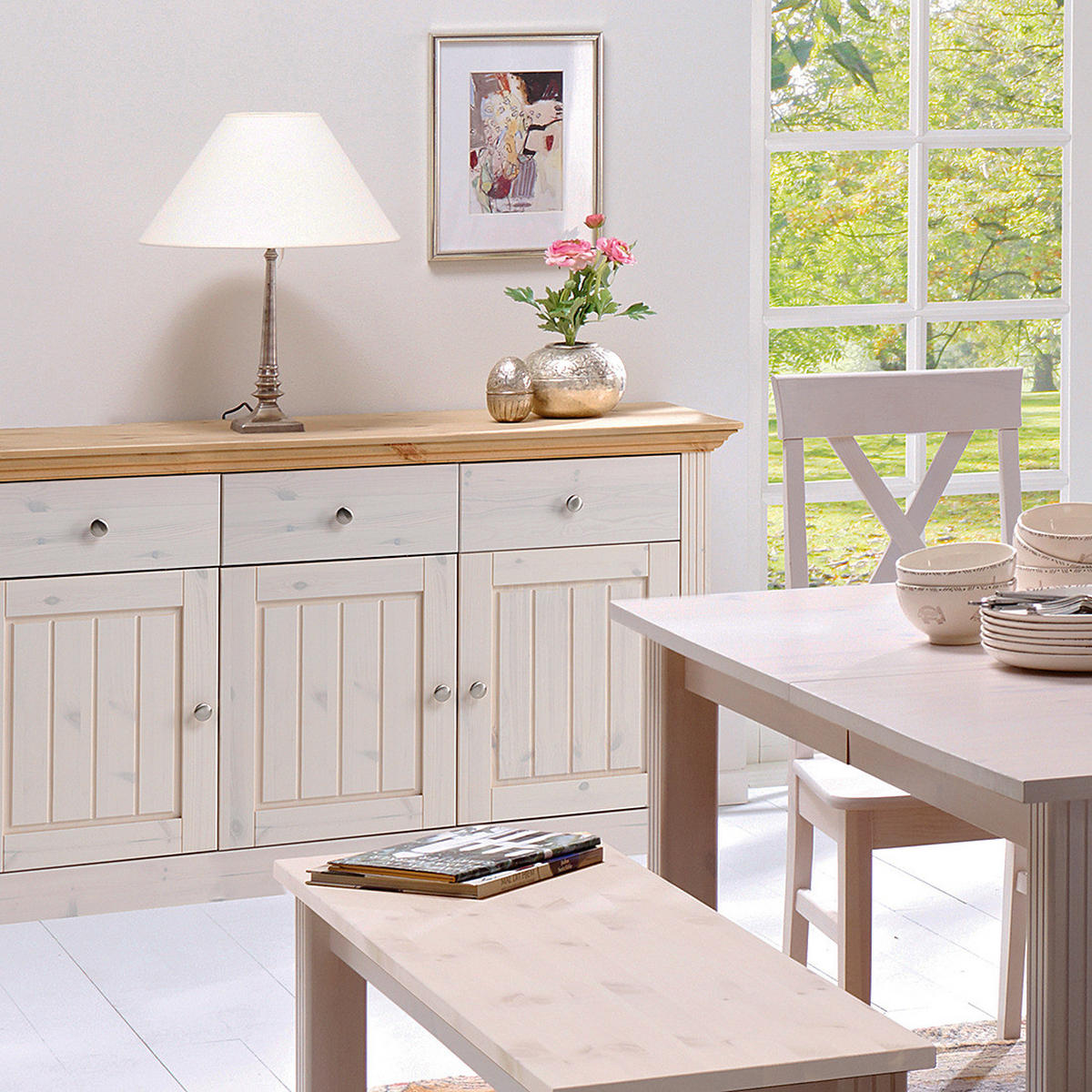 MASSIVES SIDEBOARD - Kiefer Weiß / Kiefer - Silberfarben/Weiß, Holz/Metall (145/78/47cm) - home24