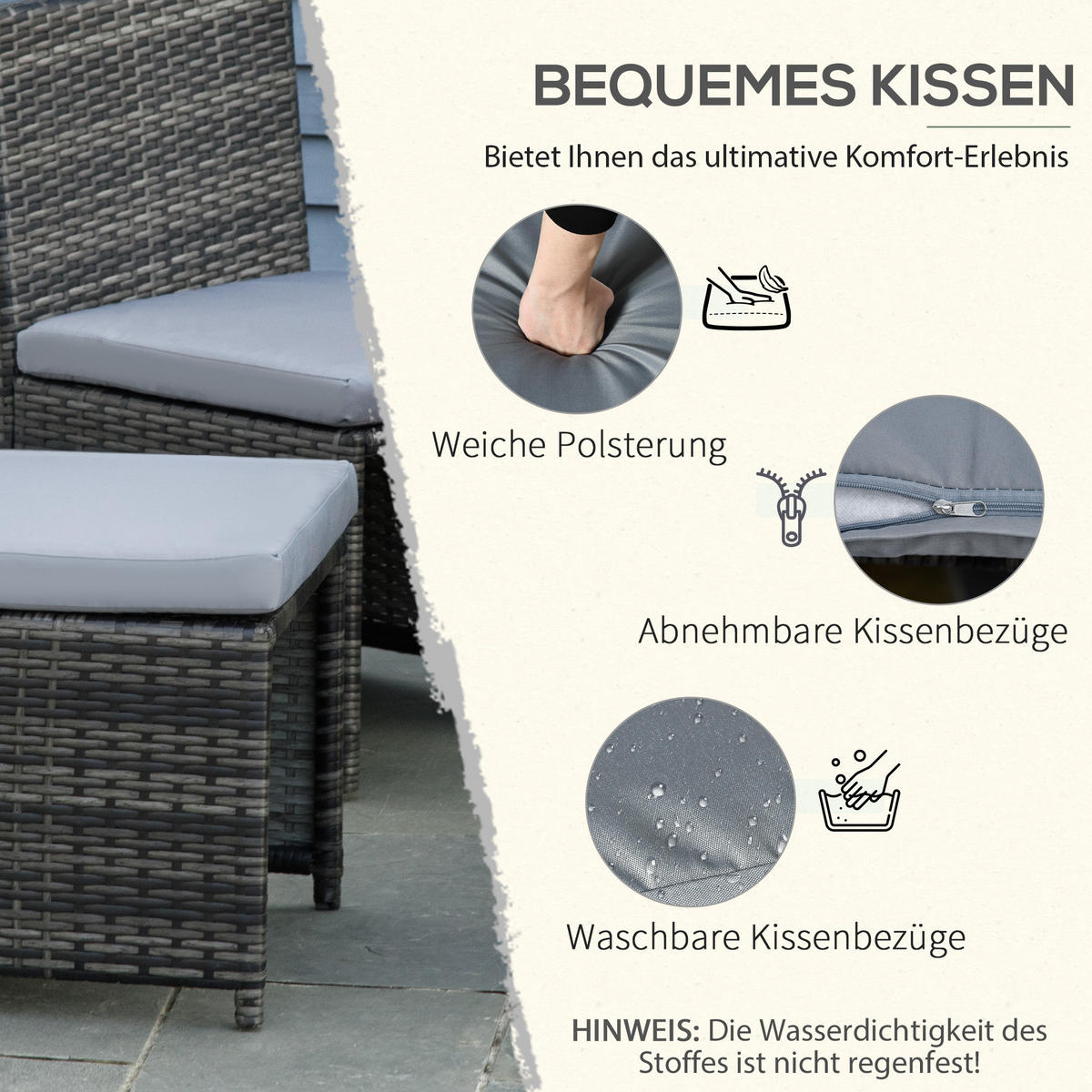 GARTENMÖBEL Set Stahl PE Polyrattan Grau - Grau, Metall - Outsunny