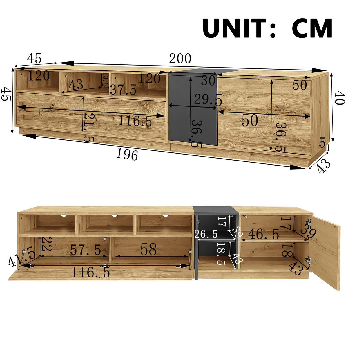 TV-STÄNDER 200/45/45 cm schwarz-grau mit Holzplatte und offenen Fächern - Schwarz, Holzwerkstoff (200/45/45cm) - OKWISH