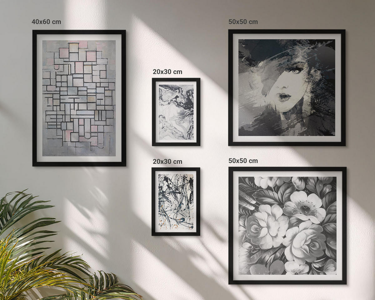 WANDBILDER 5er-Set - 50x50 cm & 20x30 cm & 40x60 cm Schwarzer Rahmen - Abstrakte schwarz-weiße Muster - Schwarz, Kunststoff (40/60cm) - ArtPrintCave