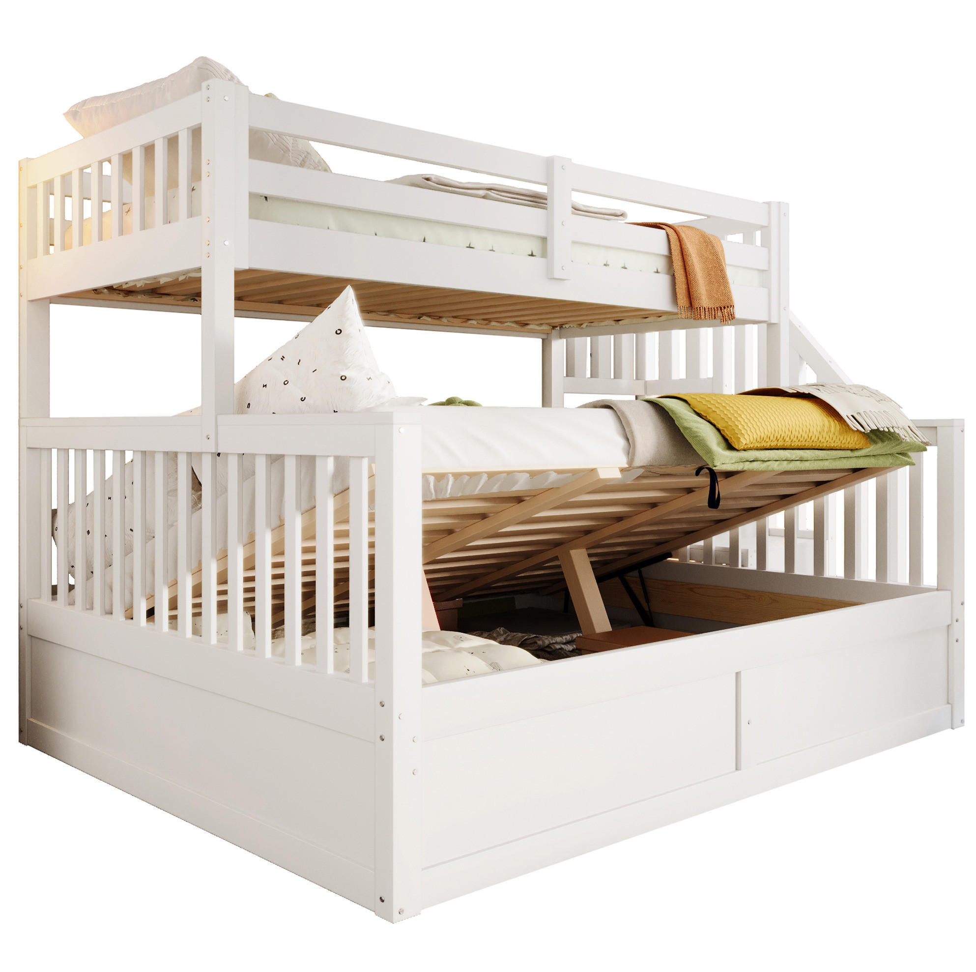 HAUSBETT 90/200 cm + 140/200 cm mit Stauraum und hydraulischem Bettkasten, Weiß - Weiß, Holz (90/200cm) - Flora Grace