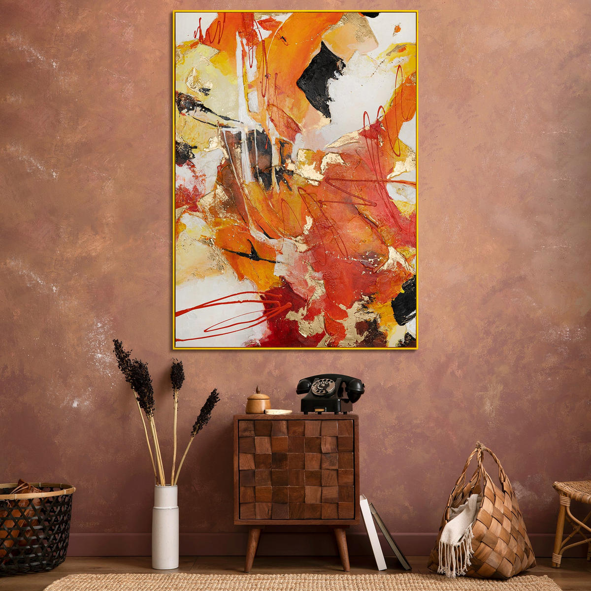 GEMÄLDE Orangene Explosion Schattenfugenrahmen Schwarz 180x120 cm - Schwarz, Holz (180/120cm) - YS-art gallery