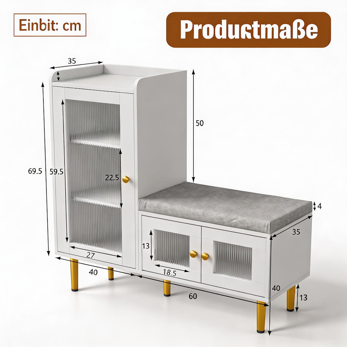 SCHUHSCHRANK mit Sitzbank, 3 Türen, verstellbare Einlegeböden, 100 x 35 x 90 cm, weiß - Weiß, Holz/Metall (35/90/100cm) - GENKI LIVING