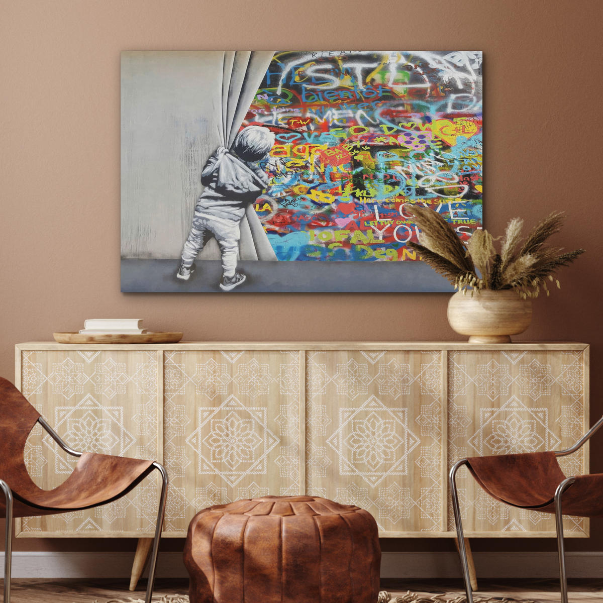 AKUSTIKBILD Graffiti - Junge - Ilussie - Straßenkunst Wandbild Wohnzimmer 100x70 cm - Hellgrau, Textil (100/70/0.9cm) - MuchoWow