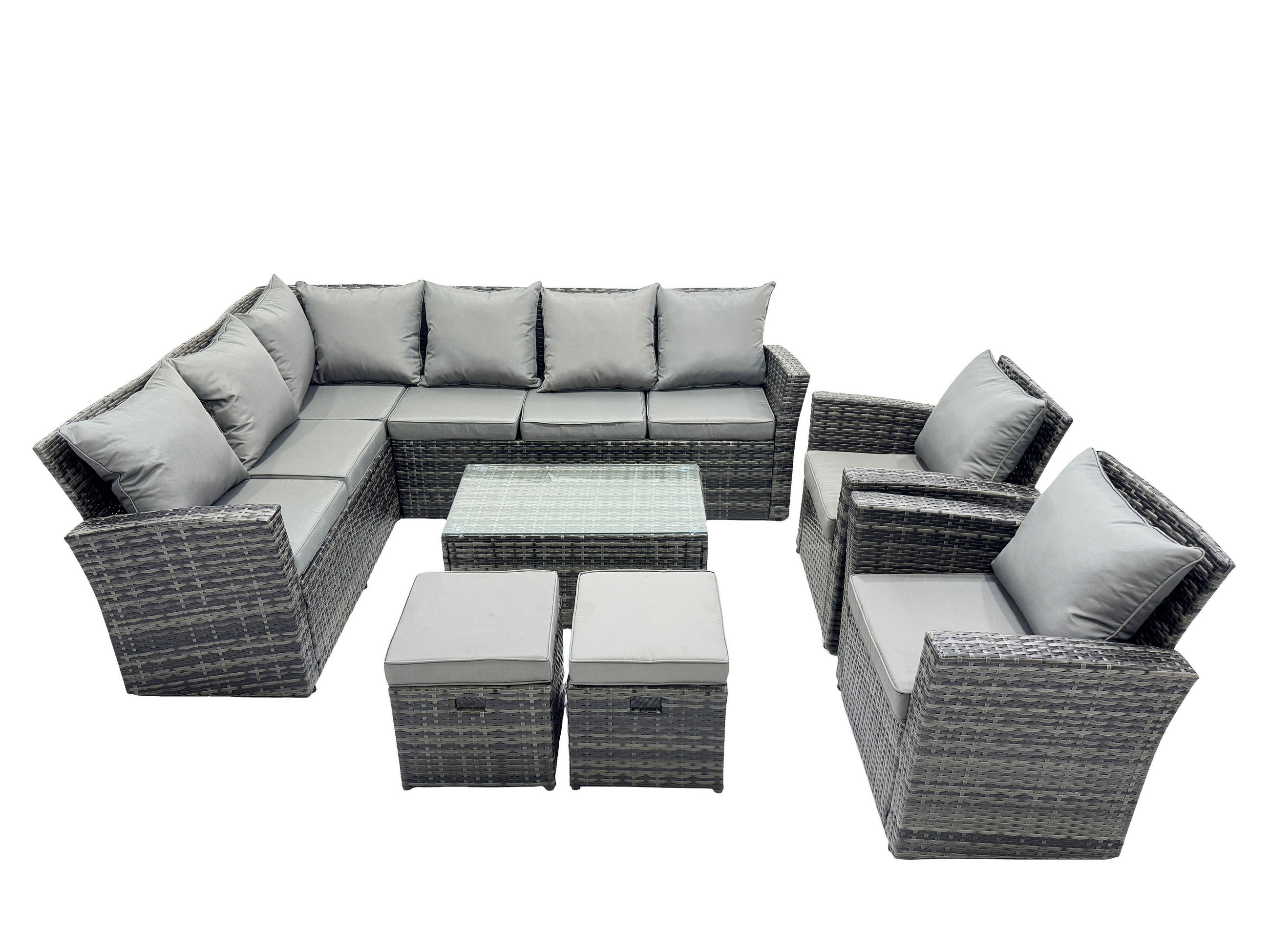 BALKONMÖBEL-SETS mit Ecksofa,Länglicher Couchtisch,2 kleine Fußhocker,2 Sesseln Polyrattan Dunkelgrau 10-Sitzer - Dunkelgrau/Grau, Glas/Kunststoff - Fimous