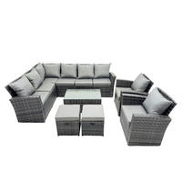 BALKONMÖBEL-SETS mit Ecksofa,Länglicher Couchtisch,2 kleine Fußhocker,2 Sesseln Polyrattan Dunkelgrau 10-Sitzer - Dunkelgrau/Grau, Glas/Kunststoff - Fimous
