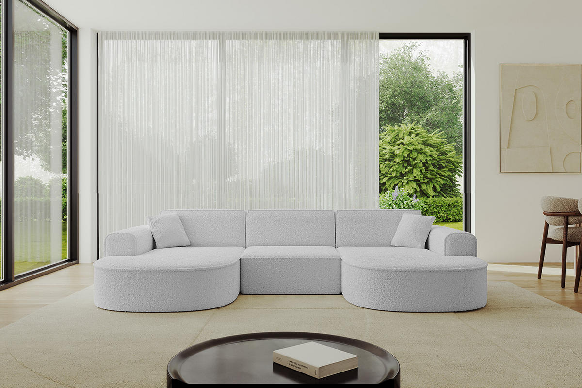 WOHNLANDSCHAFT MARI-U1 - 295x163x73,5 cm Hellgrau Bouclé - Hellgrau/Schwarz, Holzwerkstoff/Kunststoff (295/73.5/163cm) - ALTDECOR