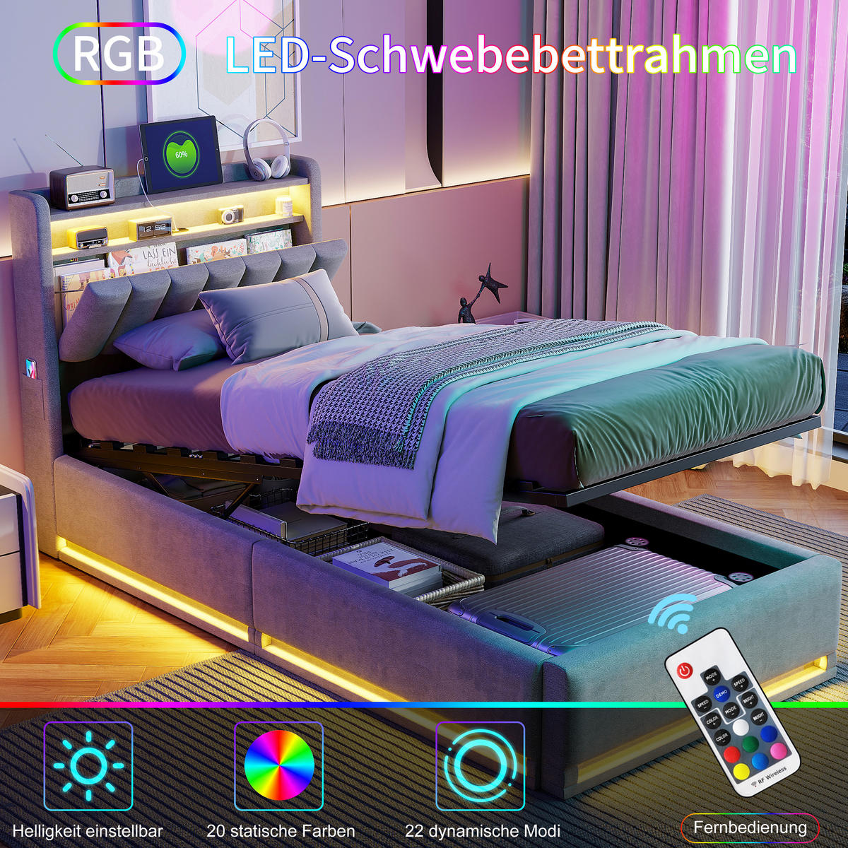 POLSTERBETT 90x200 cm Samt LED USB Bettkasten - Grau, Holz (90/200cm) - SHOPENTRA