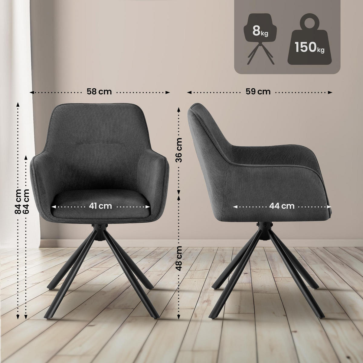 ARMLEHNENSTUHL Cord Grau - Schwarz/Grau, Textil/Metall (58/84/59cm) - CLP