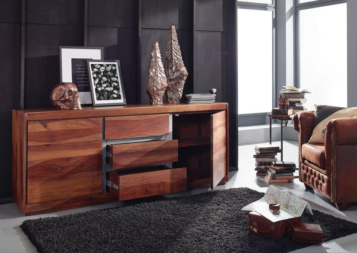 SIDEBOARD Sheesham 187x46x77 noble unique lackiert SYDNEY #107 - Braun, Holzwerkstoff (187/77/46cm) - Massivmoebel24