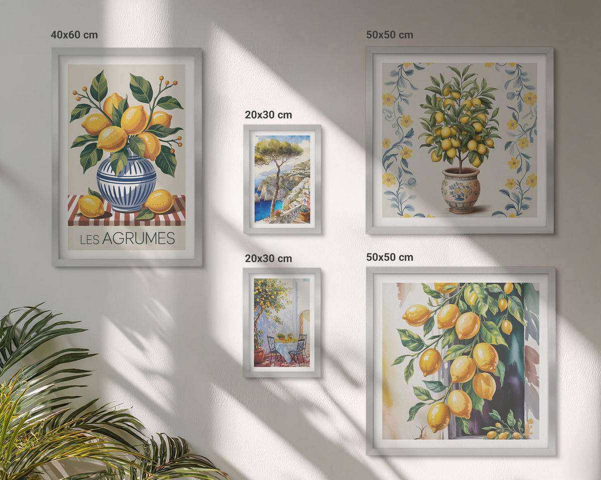 WANDBILDER 5er Set - 50x50 cm & 20x30 cm & 40x60 cm Silberner Rahmen - Zitronenbäume am Meer - Silberfarben, Kunststoff (40/60cm) - ArtPrintCave