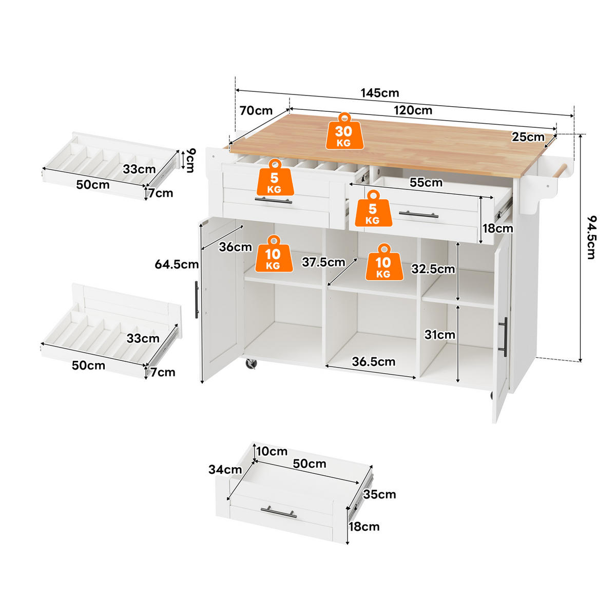 KÜCHENINSEL aus MDF 145x70x94,5 cm Weiß mit klappbarer Arbeitsplatte, 5 Rollen und verstellbaren Regalen - Weiß, Holzwerkstoff (145/94.5/70cm) - Modfu