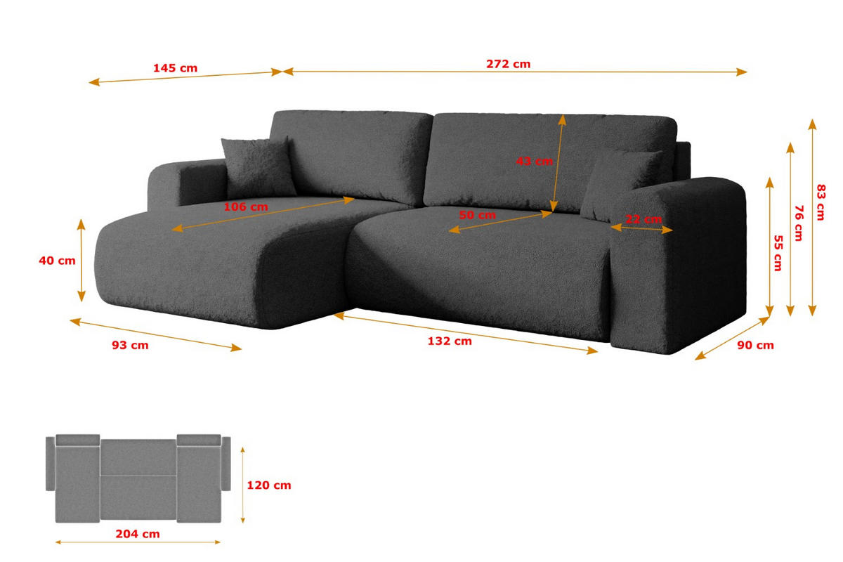 ECKSOFA mit Schlaffunktion und Bettkasten ORRO-L - 272x145x83 cm Grau Bouclé - Schwarz/Grau, Holzwerkstoff/Kunststoff (272/145cm) - ALTDECOR