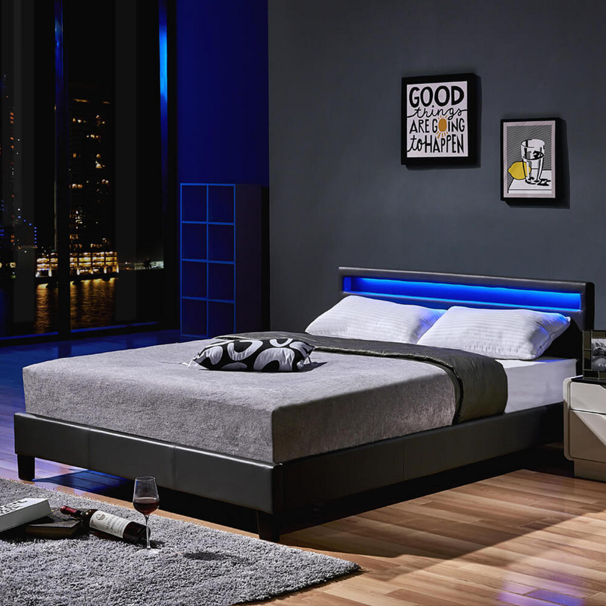 LED BETT ASTRO - Dunkelgrau, 140 x 200 cm - Dunkelgrau, Kunststoff - Home Deluxe