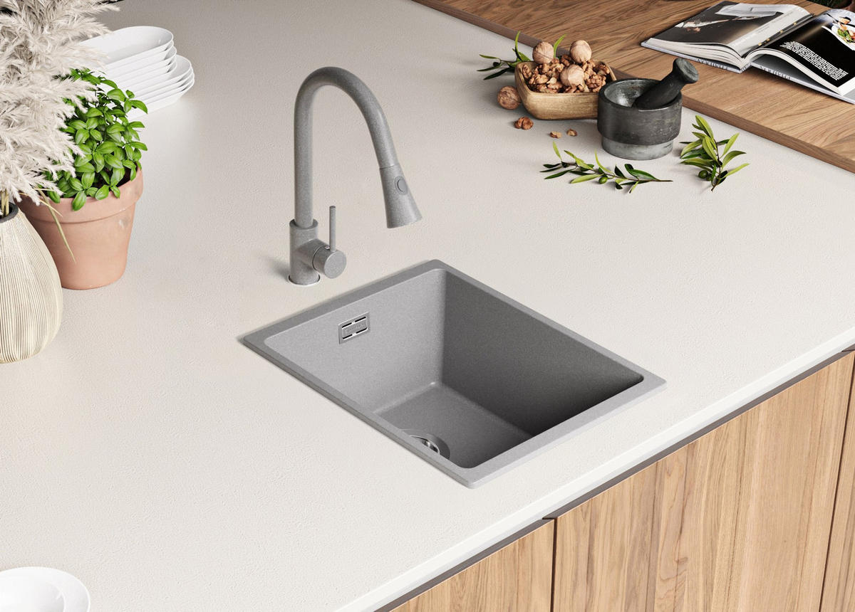 SPÜLBECKEN London Slim, 2-er set Grau 36/47 cm 1 Becken + Ablauf-Set ab 40er Unterschrank - Grau, Kunststoff (36/20/47cm) - Primagran
