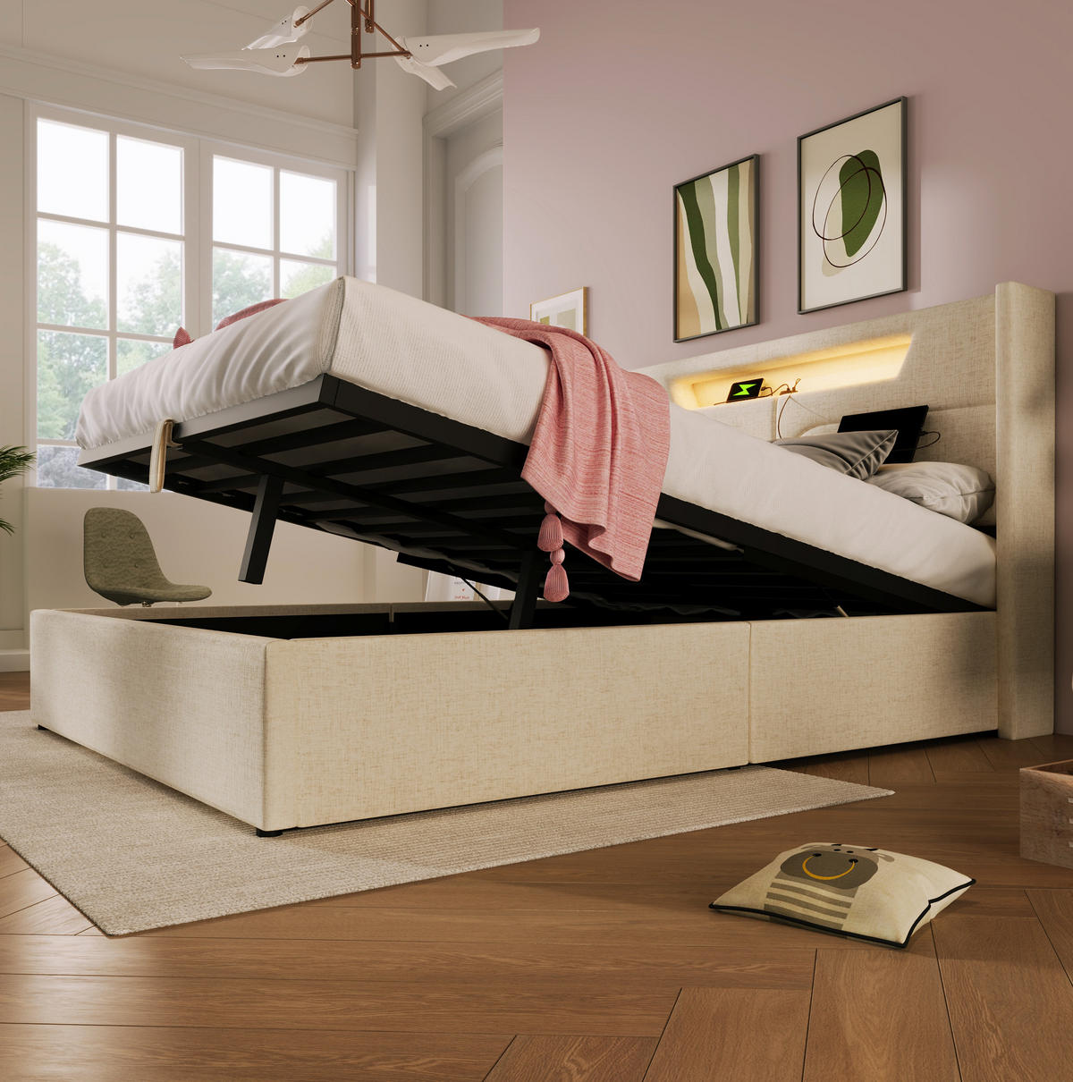 POLSTERBETT mit LED-Beleuchtung 160/200 cm mit Bettkasten, USB und gepolstertem Kopfteil - Beige, Textil (160/200cm) - BEAOK