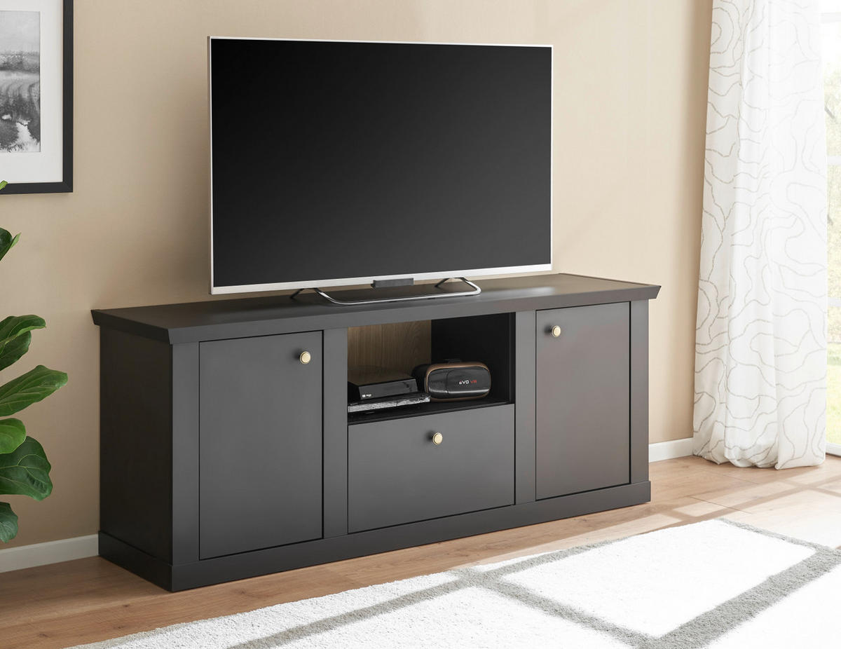 TV-LOWBOARD schwarz matt, Eiche Landhaus 158 cm, TV Unterteil mit Soft-Close - Eichefarben/Messingfarben, Holzwerkstoff/Metall (158/62/42cm) - Furn.Design