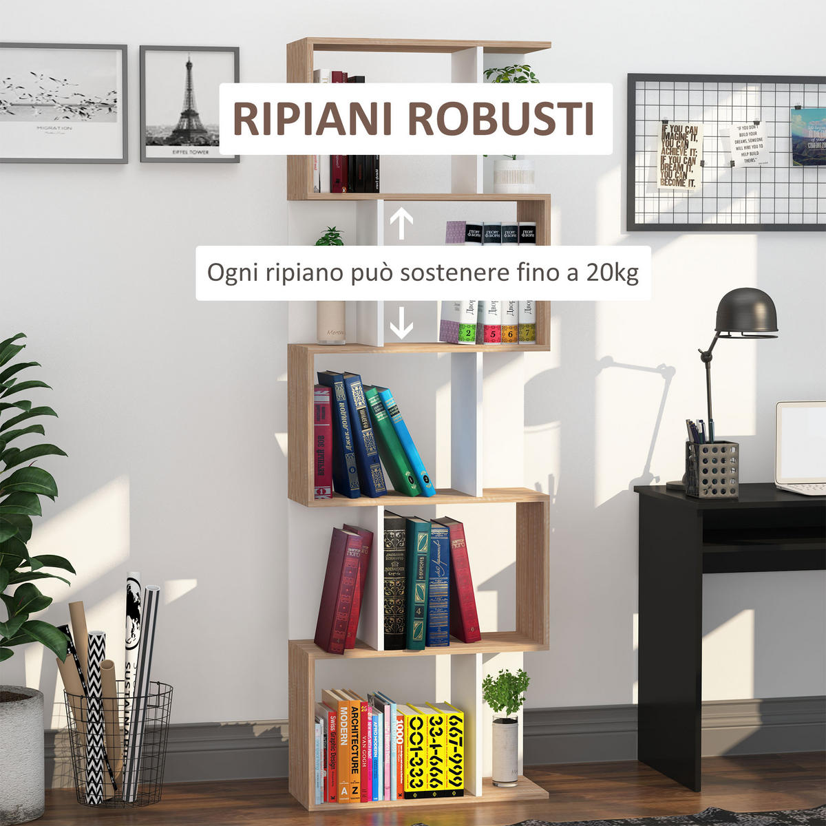 BÜCHERREGAL,5-STUFIG S-förmig Trennwand 60x24x184,5cm,holz-weiß - Weiß, Holzwerkstoff (60/184.5/24cm) - Vallsero