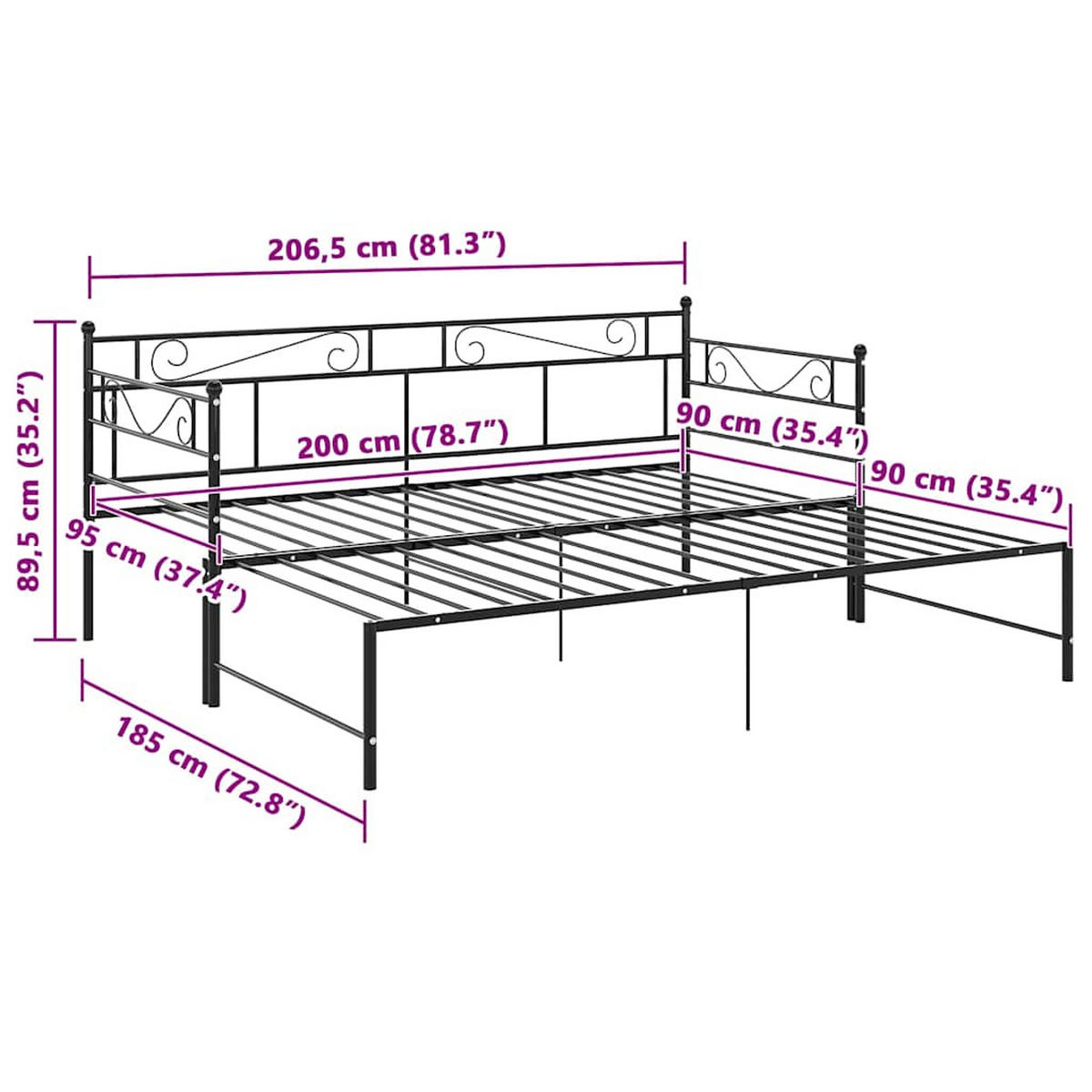 TAGESBETT AUSZIEHBAR SCHWARZ METALL 90X200 CM - Schwarz, Metall - vidaXL