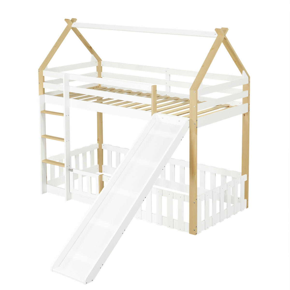 ETAGENBETT 90/200 cm mit Rutsche, Dachform, Freiraum mit Zaun und Leiter, Weiß/Natur - Weiß, Holzwerkstoff (90/200cm) - Redom