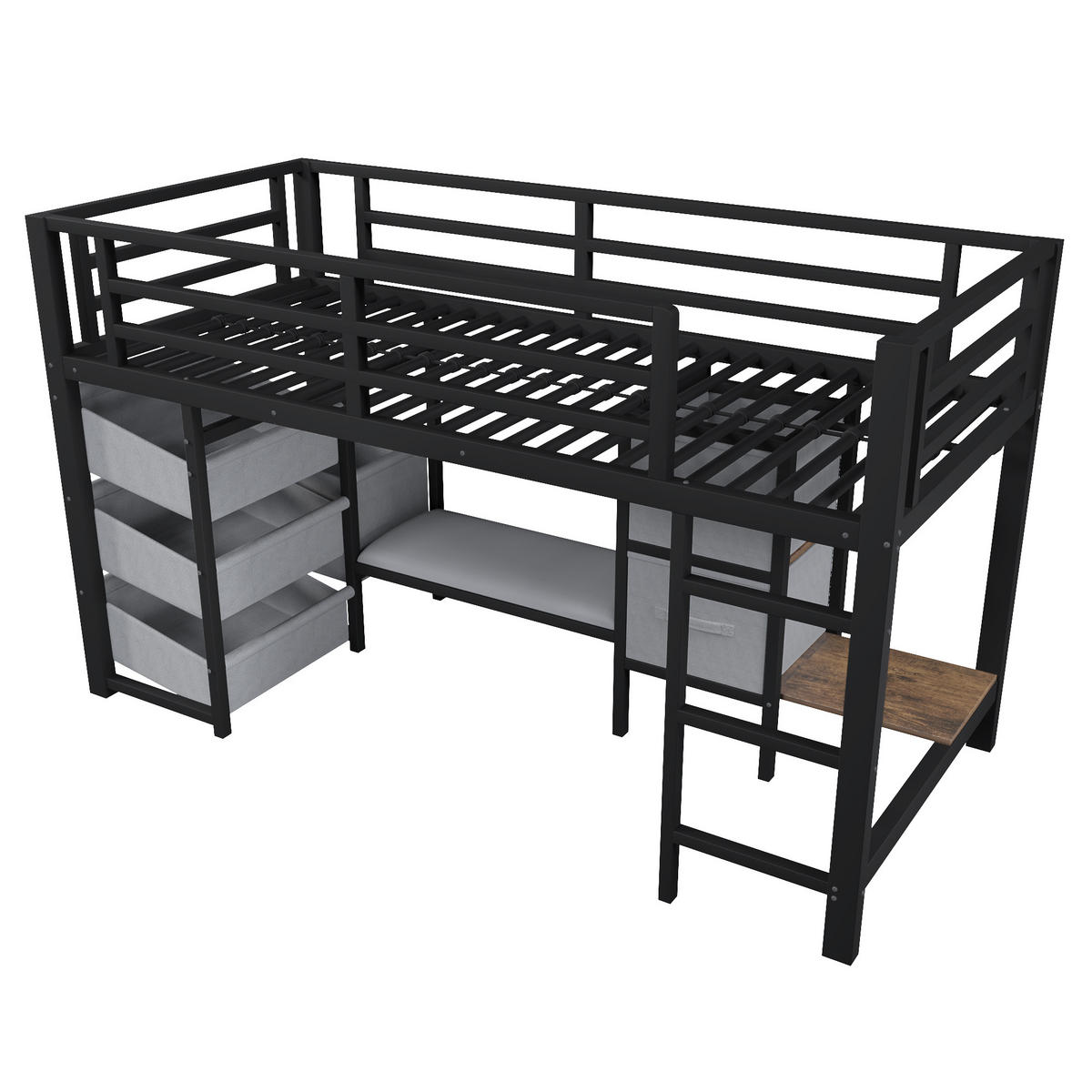 HALBHOHES Bett 90/200 cm mit LED-Beleuchtung, Sitzkissen, Stoffschublade und Stauraumtasche, Schwarz - Schwarz, Metall (90/200cm) - Redom