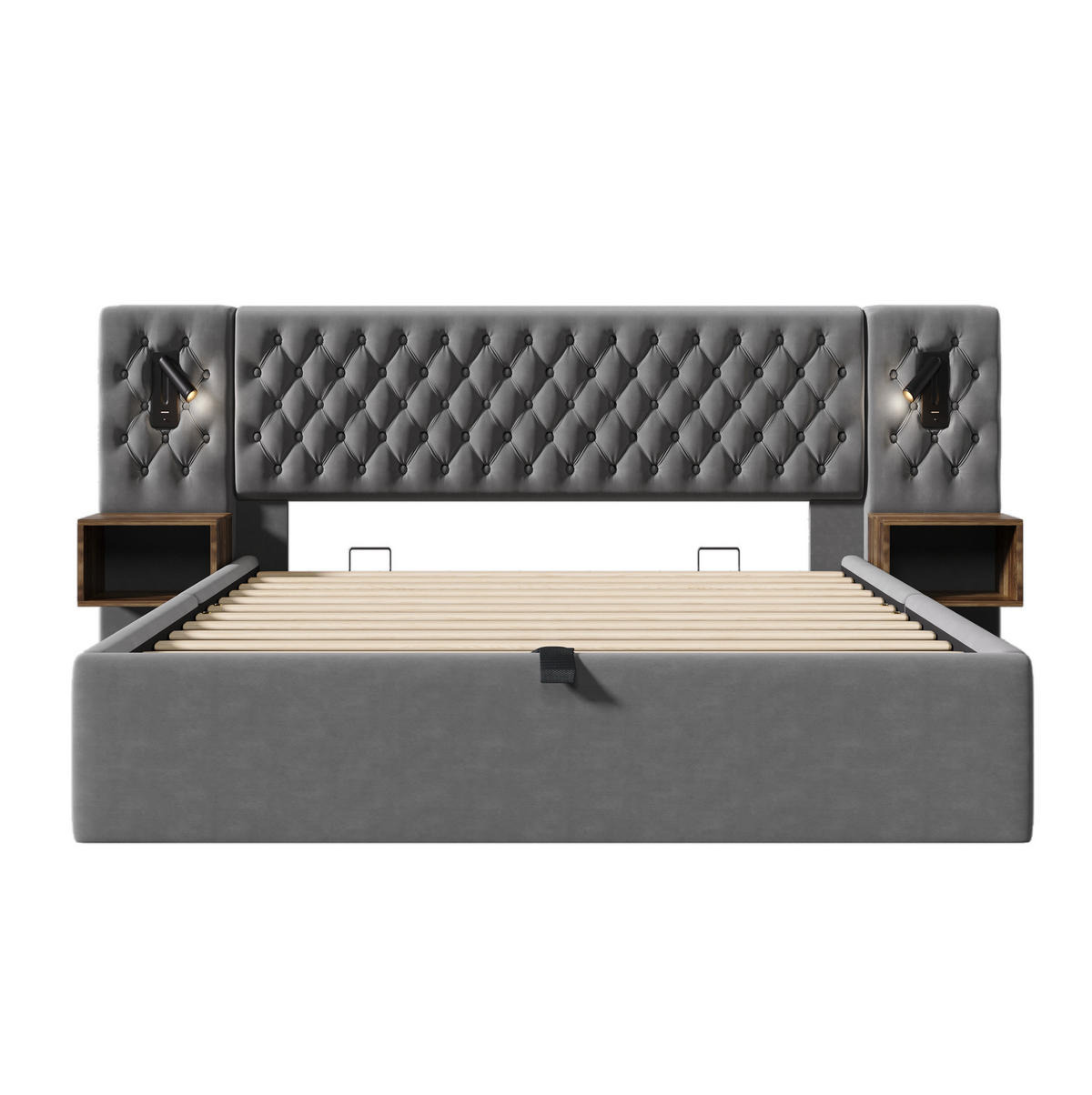 POLSTERBETT aus Samt 160x200 cm Grau mit hydraulischem Bettkasten, Nachttischen und USB-Anschluss - Grau, Textil (160/200cm) - IVMEU