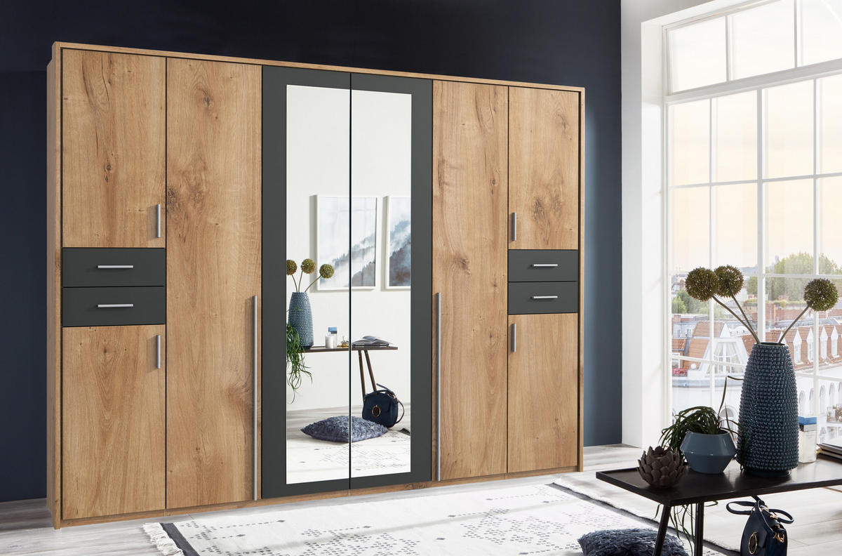 DREHTÜRENSCHRANK Kleiderschrank B273/H210/T58 cm mit Schubkästen & Passepartout & 2 Spiegeltüren, Eiche Dekor mit Absetzungen in Grafit / 22576 - Eichefarben/Silberfarben, Holzwerkstoff/Kunststoff (273/210/58cm) - luma-home