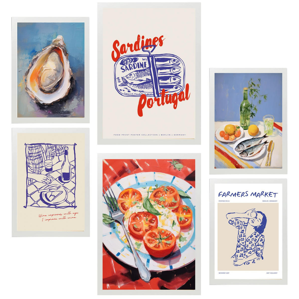 POSTER Set Mit 6 Von Lebensmitteln & Mediterraner Ernährung Im Pop Art A3 & A4 Weißer Rahmen - Weiß, Papier (29/3cm) - Nacnic