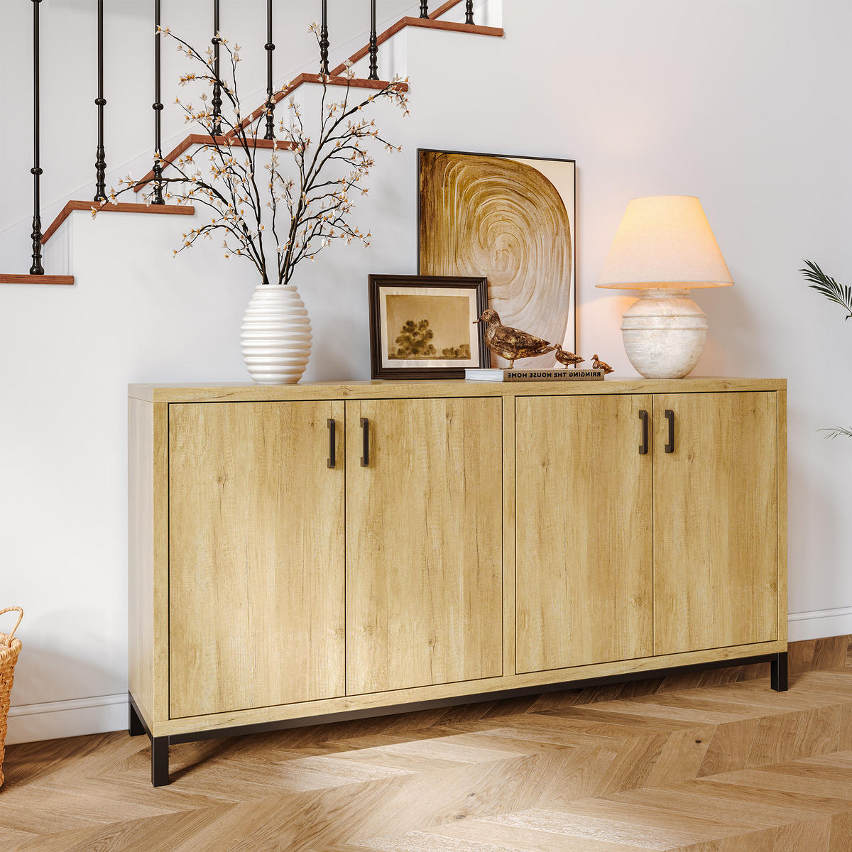 SIDEBOARD 160x35x80 cm Holzoptik 4 Türen Metallfüße - Naturfarben, Holz (160/80/35cm) - LEBENLANG