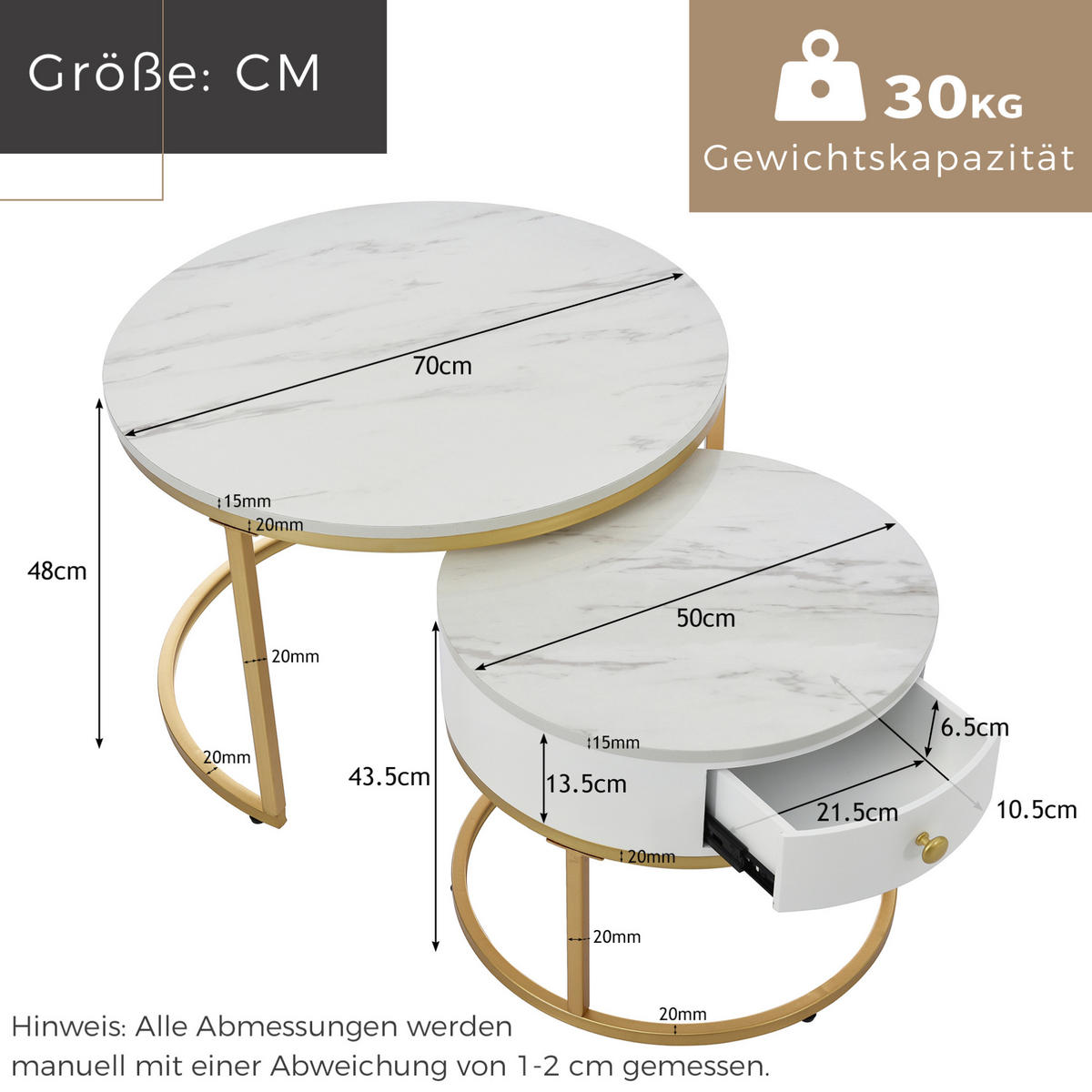 SÚPRAVA konferenčných stolíkov 70/70/48 a 50/50/43,5 cm biela z MDF s vysokým leskom a zasúvacím dizajnom - biela, kompozitné drevo (70/70/48cm) - OKWISH