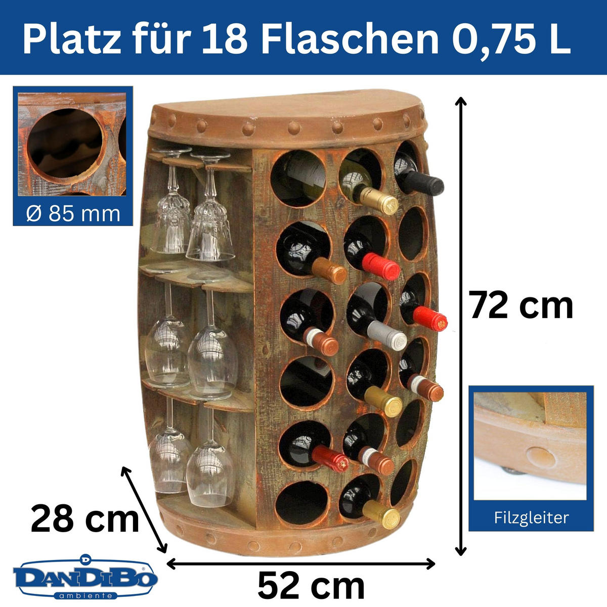 WEINREGAL Fassform 18 Flaschen Holz - Braun, Holz (52/72/52cm) - DanDiBo