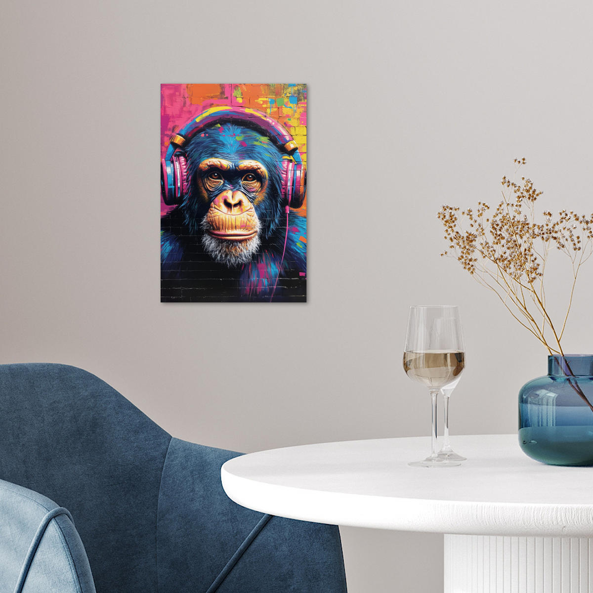 POSTER Graffiti - Schimpanse - Straßenkunst - Kopfhörer - Affe 20x30 cm - Blau, Papier (20/30/0.1cm) - MuchoWow