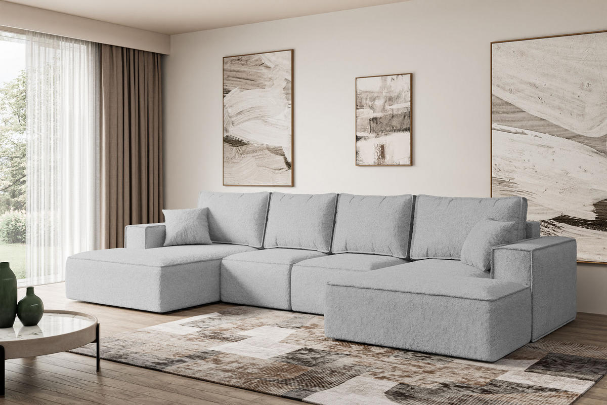 WOHNLANDSCHAFT mit Schlaffunktion und Bettkasten SIERRA-U-S - 349x161x87 cm Hellgrau Bouclé - Hellgrau/Schwarz, Holzwerkstoff/Kunststoff (349/87/161cm) - ALTDECOR