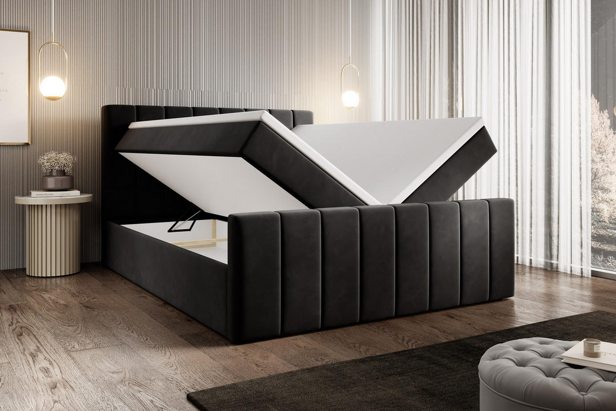 BOXSPRINGBETT Avelio mit Bettkasten, Schwarz Samt 160x200 cm – inkl. H3 Matratze und Topper - Schwarz, Holzwerkstoff/Kunststoff (160/200cm) - WFL GROUP