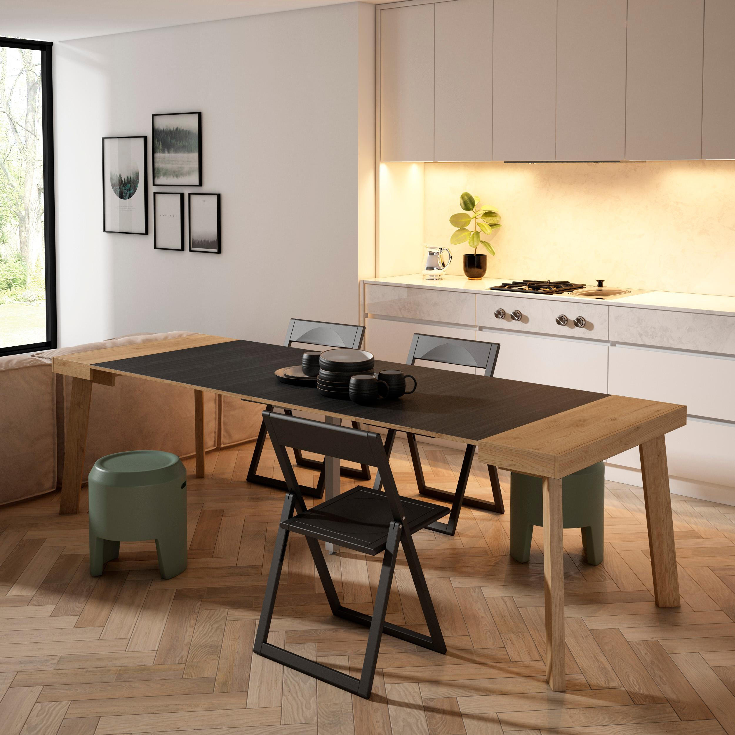 KONSOLENTISCH ausziehbar 58 bis 262cm, für 12 Gäste, eiche, schwarz, 90/58/73cm - Eichefarben/Multicolor, Holzwerkstoff (90/262/73cm) - Skraut Home