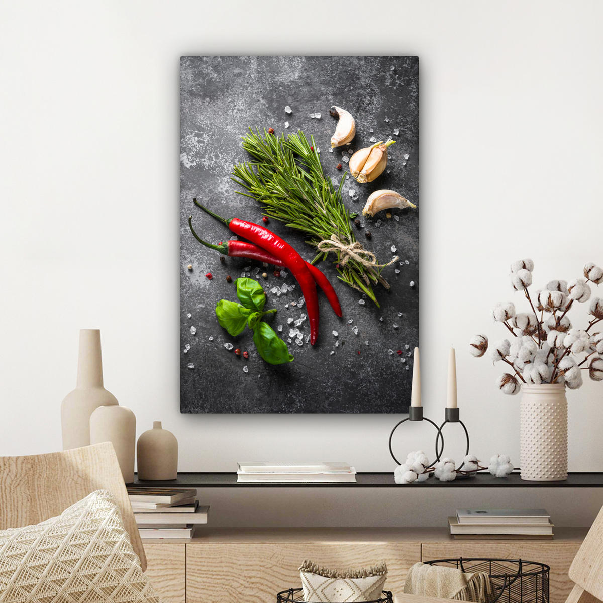 LEINWANDBILD Pfeffer - Kräuter - Gewürze - Beton 60x90 cm - Dunkelgrau, Textil (60/90cm) - MuchoWow