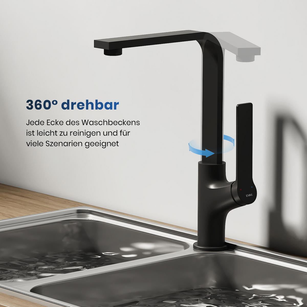 KÜCHENARMATUR mit 360° Drehbar Edelstahl Einhebelmischer Schwarz Matt - Schwarz, Metall (22.5/10.1/30.3cm) - EMKE