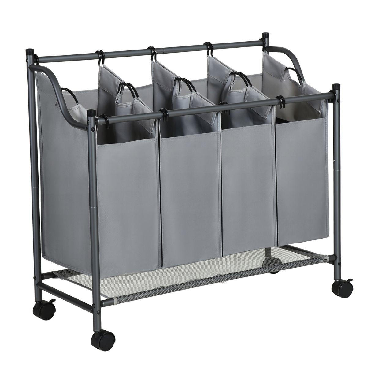 WÄSCHESAMMLER mit 4 abnehmbaren Taschen Grau auf Rollen - L87,5 cm - Grau, Metall (81/38.5/87.5cm) - Calicosy