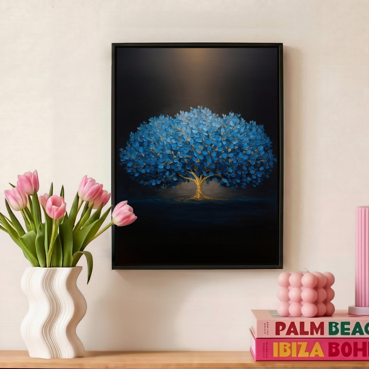 LEINWAND Bilder mit Rahmen - Baum - Blau - Blätter - Pinselstriche - 30x40 - Blau, Textil (30/40cm) - MuchoWow