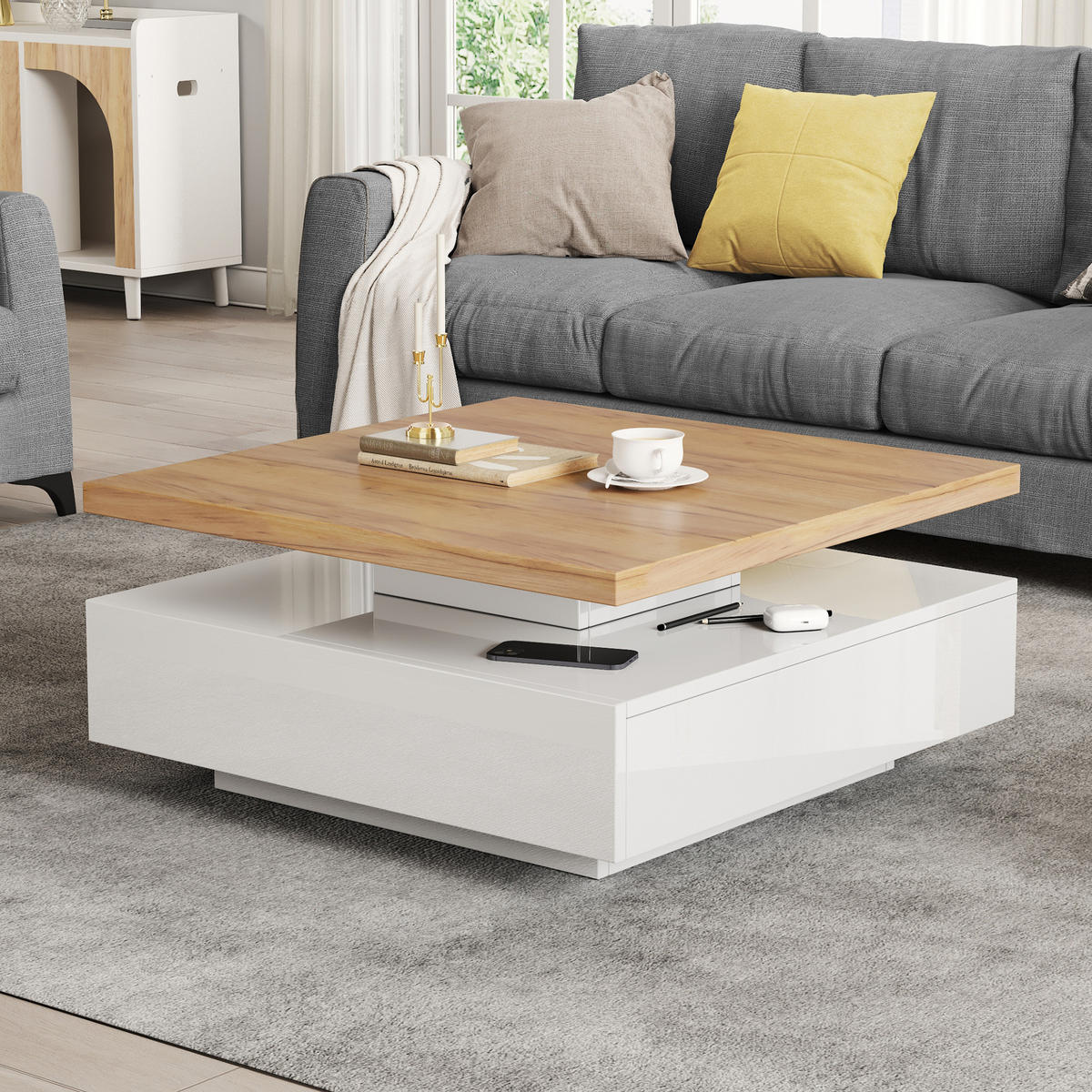 COUCHTISCH 360° drehbares Design mit Stauraum Walnuss/Weiß Hochglanz robuster Spanplatte versteckte Schublade - Walnussfarben/Weiß, Holzwerkstoff (70/70/36cm) - EVRYAE