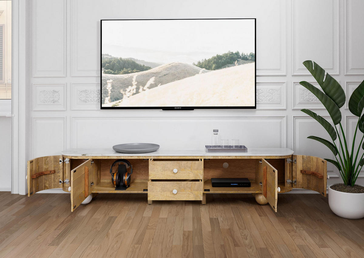 TV-BOARD Mango 220x40x50 natur lackiert / Marmor weiß FLORENZ #102 - Naturfarben, Holz (220/50/40cm) - Massivmoebel24